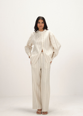 A Model Wearing Off White Linen Linen Striped Band Collar Top & Pant Co-Ord Set, curated by Only Ethikal
